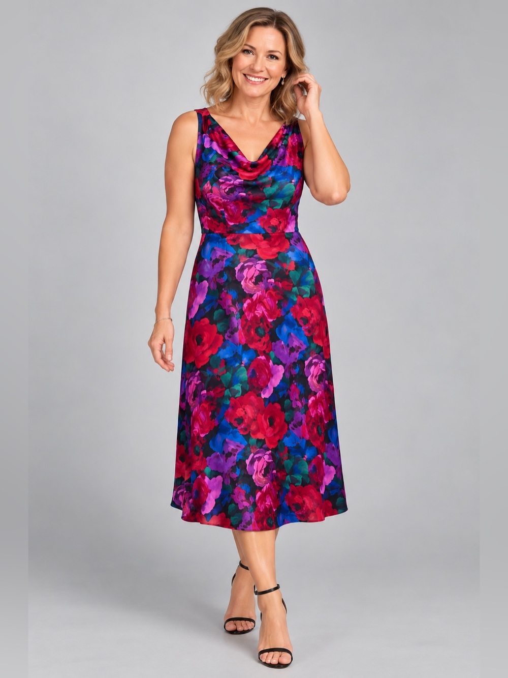 Talbots Petite 12P Jewel Tone Floral Cowl Neck Midi Dress